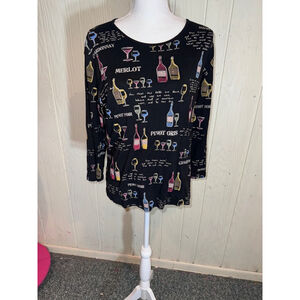 Jess & Jane Black Wine Print Long Sleeve Shirt Large